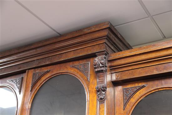 A good Victorian pollard oak breakfront library bookcase, W.8ft D.1ft 10in. H. including detached pediment scrolls 9ft 2in.